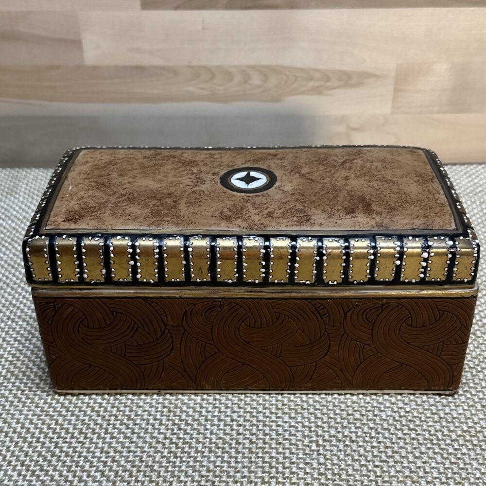 VTG Kinder Harris Art Deco Porcelain BROWN‎ Jewelry Box Trinket Hand Painted MCM